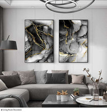 Charger l'image dans la galerie, Black & White Roses Leaf With Golden Rain River Abstract Art