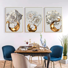 Charger l'image dans la galerie, Modern Abstract White Roses And Gold Paint Brush