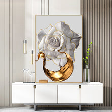 Charger l'image dans la galerie, Modern Abstract White Roses And Gold Paint Brush