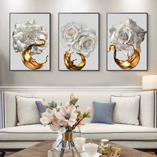 Charger l'image dans la galerie, Modern Abstract White Roses And Gold Paint Brush