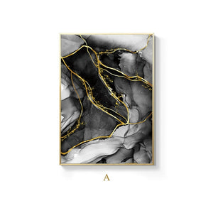 Black & White Roses Leaf With Golden Rain River Abstract Art