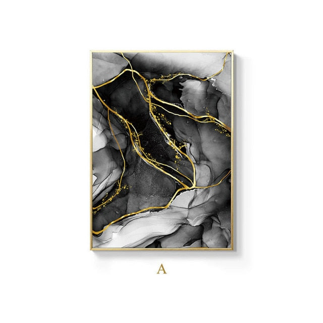 Black & White Roses Leaf With Golden Rain River Abstract Art