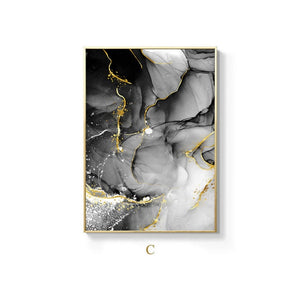 Black & White Roses Leaf With Golden Rain River Abstract Art