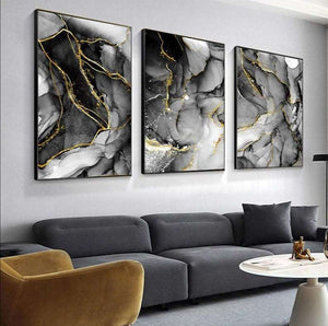 Black & White Roses Leaf With Golden Rain River Abstract Art