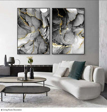 Charger l&#39;image dans la galerie, Black &amp; White Roses Leaf With Golden Rain River Abstract Art
