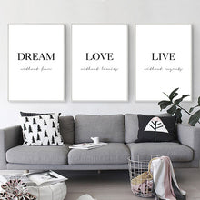 Load image into Gallery viewer, Dream. Love. Live. Minimalist Word Art
